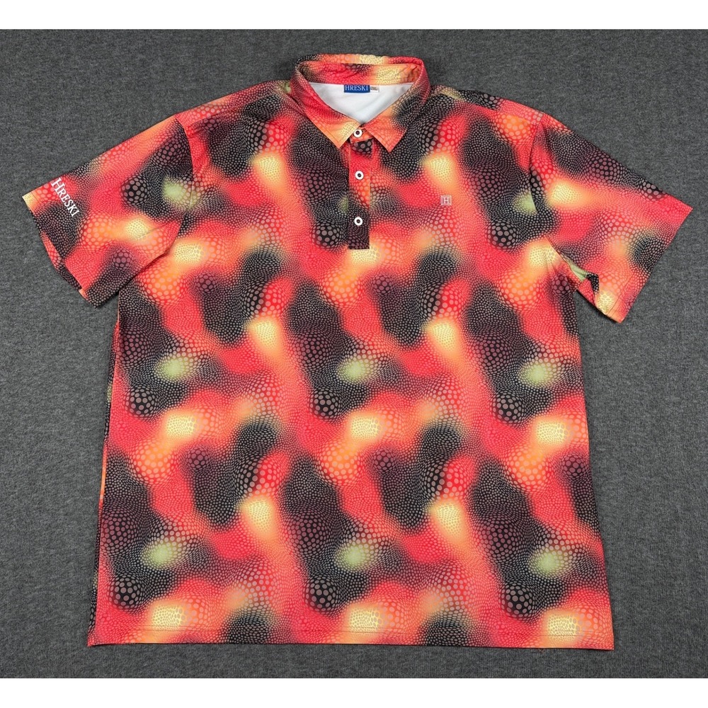 Hreski Polo Shirt Mens XXL Orange Black Psychadelic Abstract Performance Golf